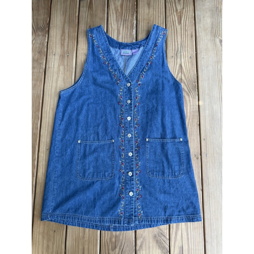 Vtg Premier International 2X Denim Floral Embroidered Button Front Cottagecore